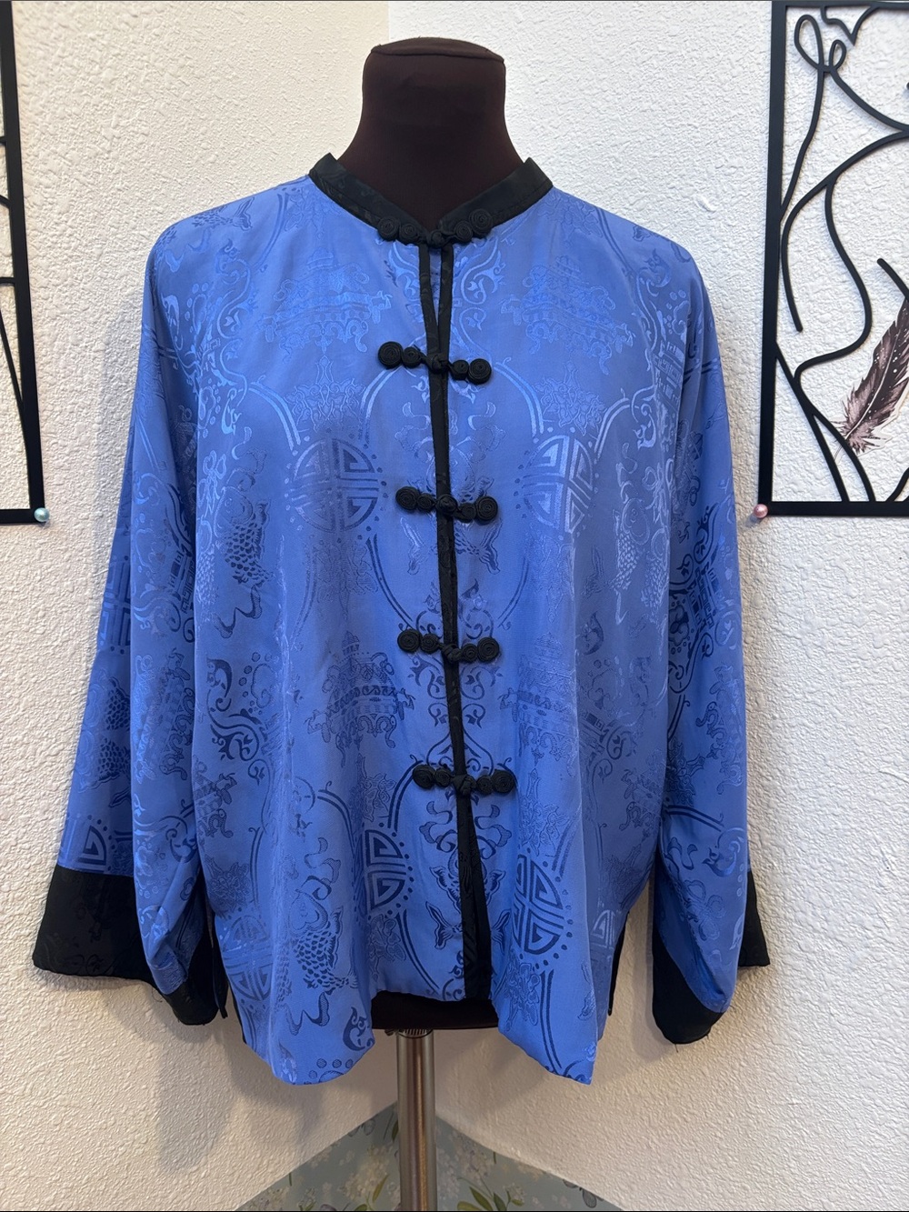 Vintage 1990’s Solz Squirrel blue jacquard with black trim silk jacket. Size L.